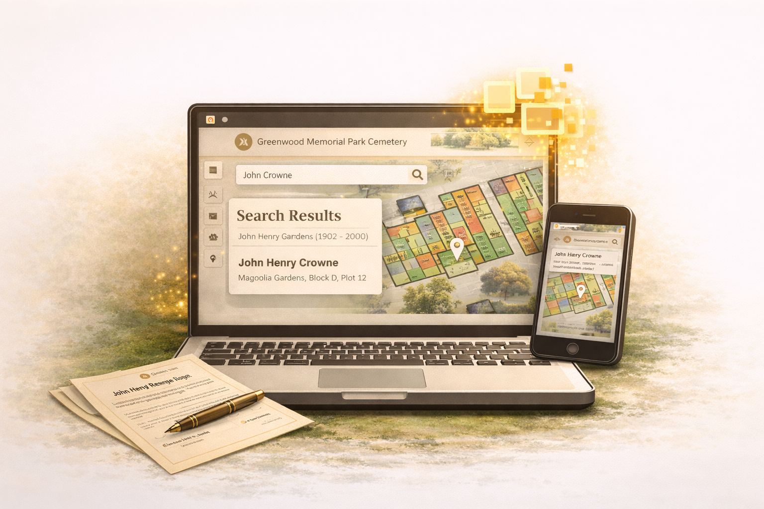 Public grave search page on laptop and mobile