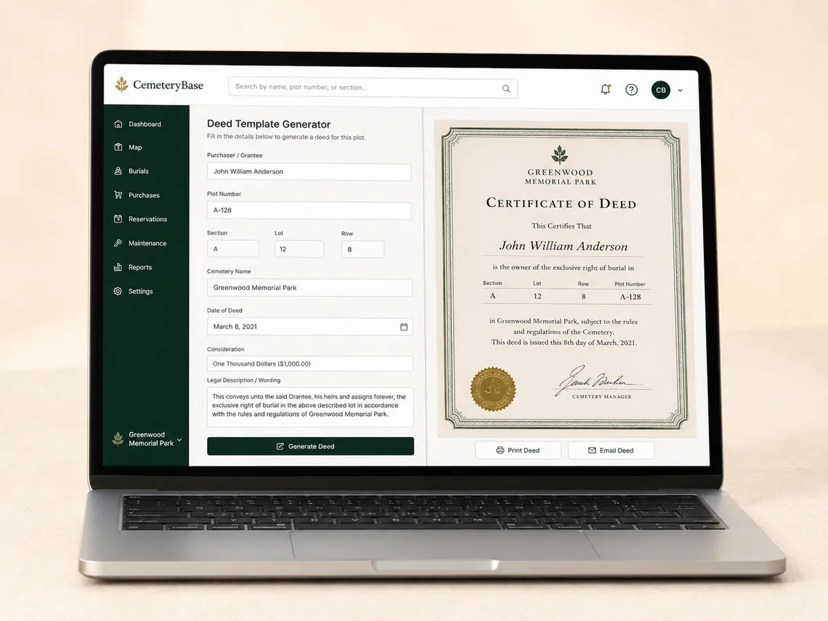 CemeteryBase deed template generator producing a cemetery certificate of deed with the cemetery logo, plot details, and seal
