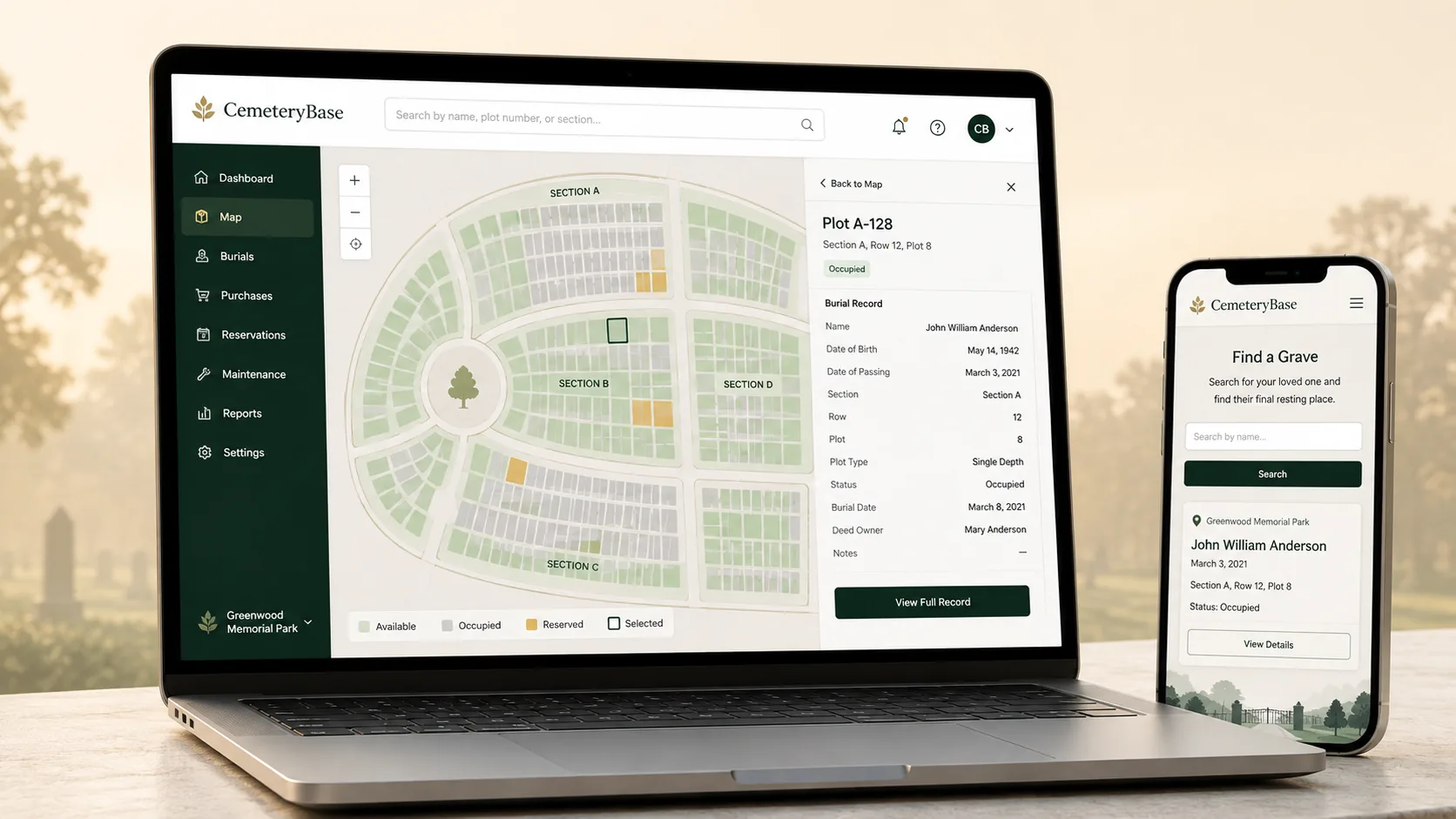 CemeteryBase cemetery management software: interactive cemetery plot map with a burial record open on a laptop, and the public Find a Grave search on a phone